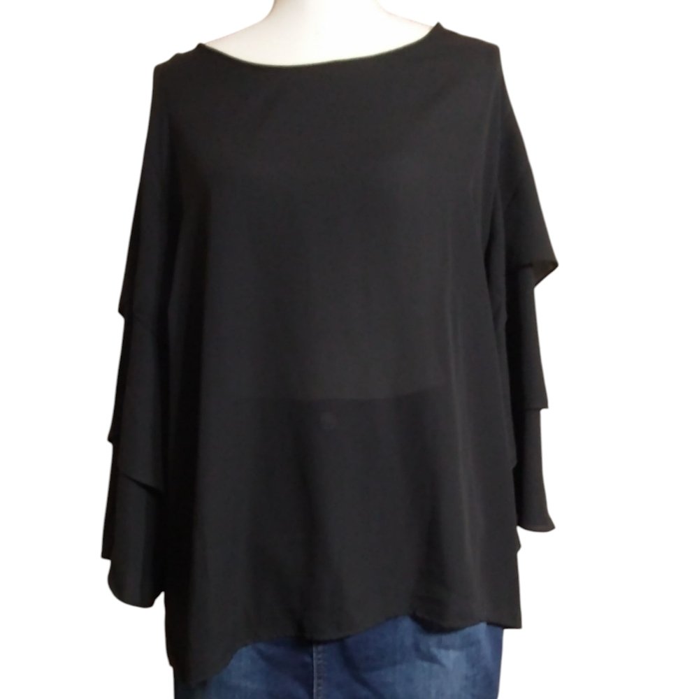 New York & Company Elegant Black Ruffled Sleeve Top